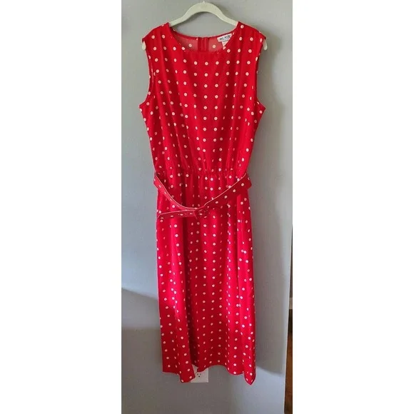 Vtg Blair Sz L Rockabilly Midi Dress Sleeveless Red White Polka Dot Long Belted - Picture 9 of 11